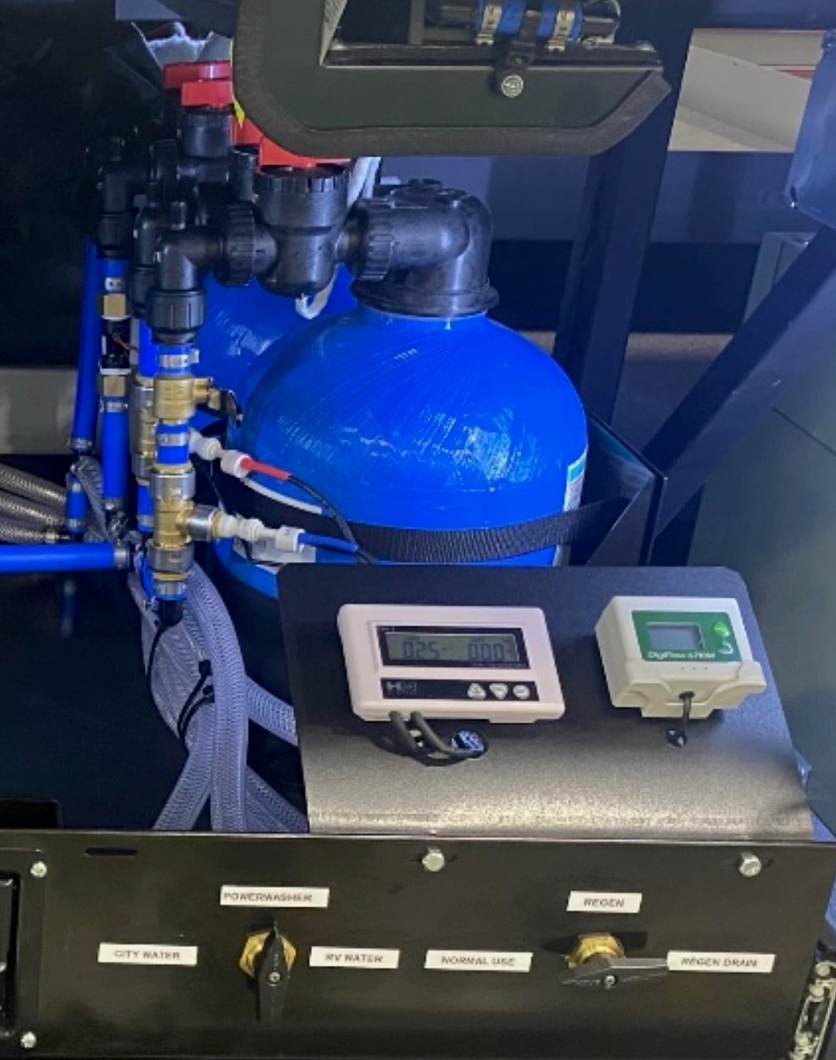Close view of the H2O Simplified meter displays and labeled water and regeneration controls on the front panel
